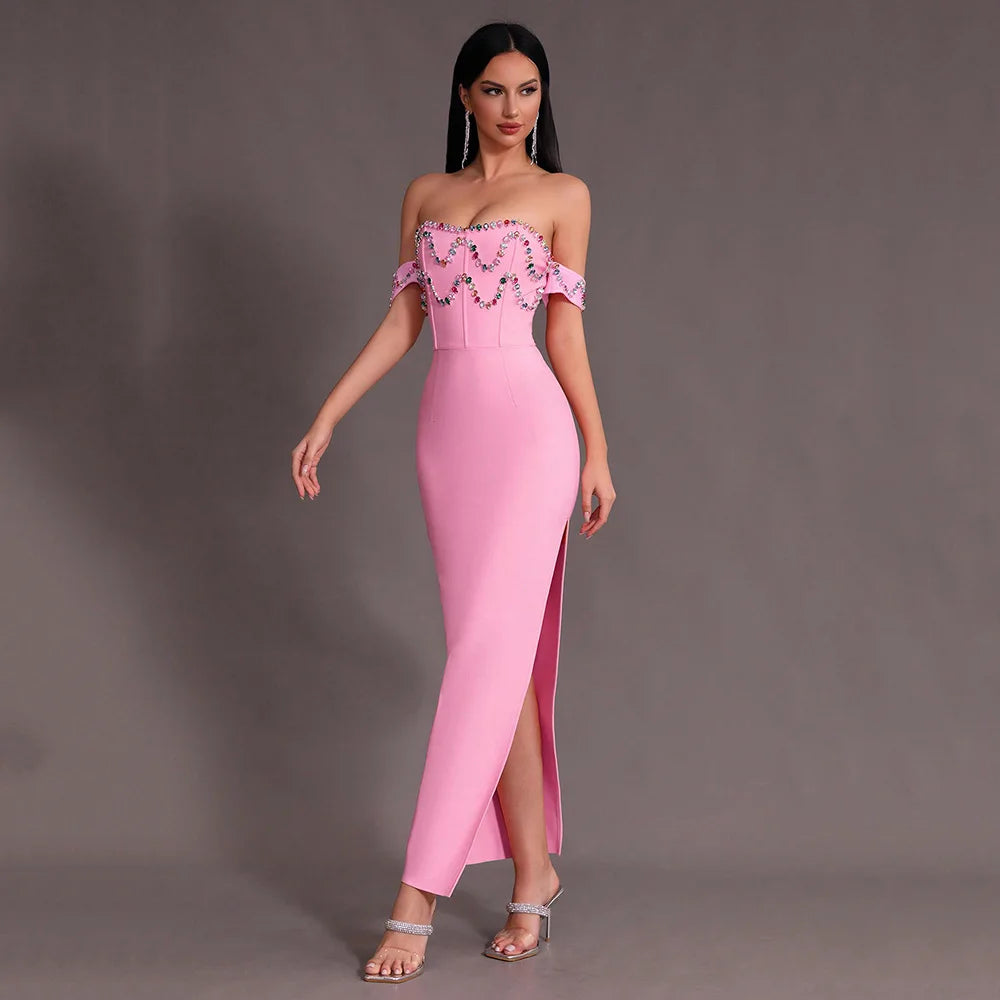 Split Off Shoulder Diamond Decor Bandage Ball Maxi Dress