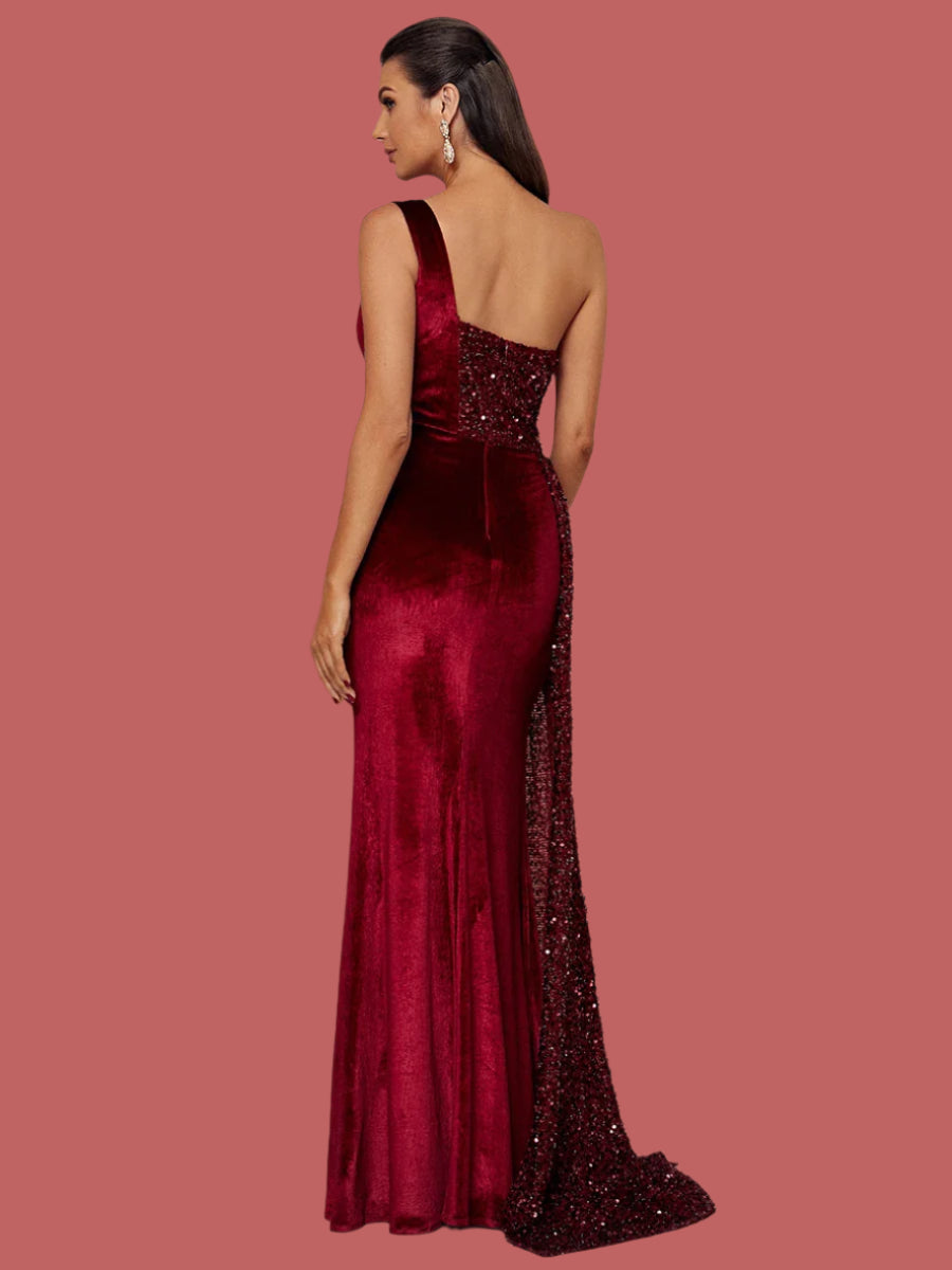 One Shoulder Chic Draped Sequin Panel Velvet Split Prom Maxi Dress