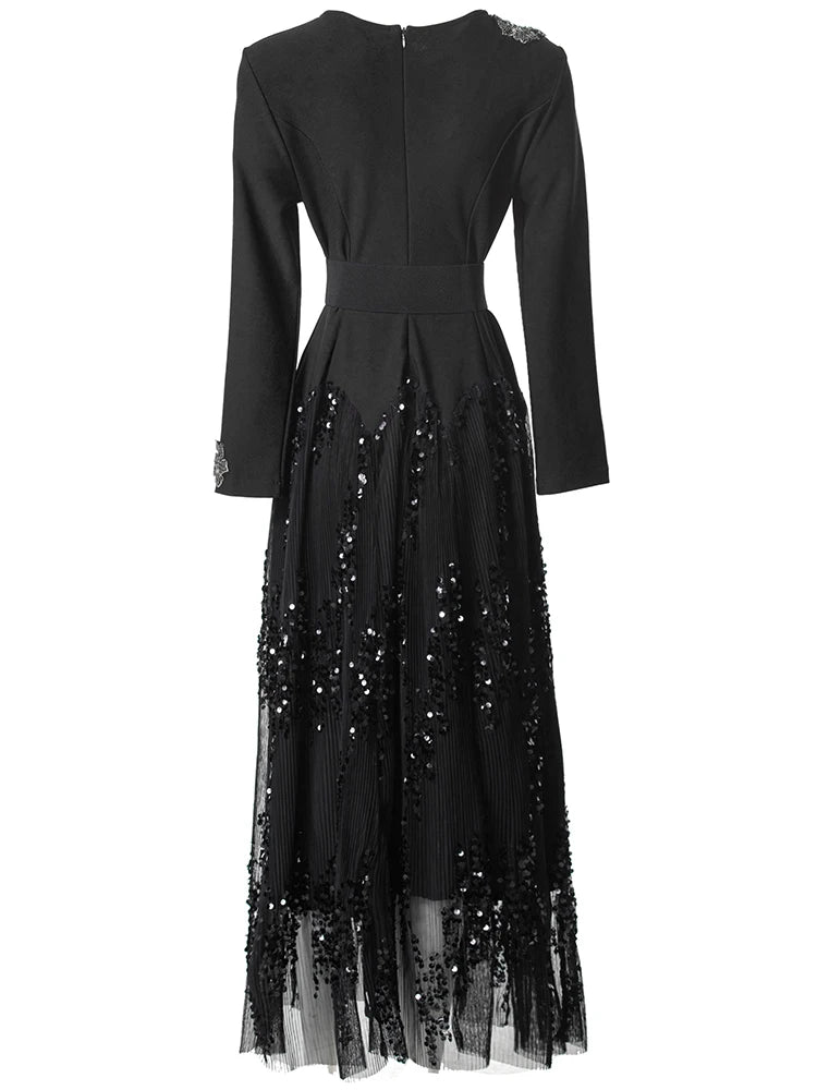 Sequins Mesh Patchwork O-Neck Long Sleeve Beading Mid Dress