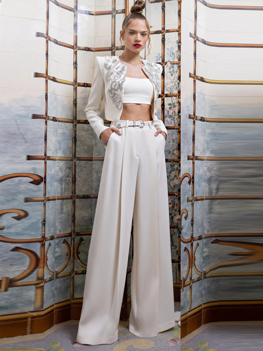 Diamond Mini Jacket With High Waist Wide Leg Trouser Set