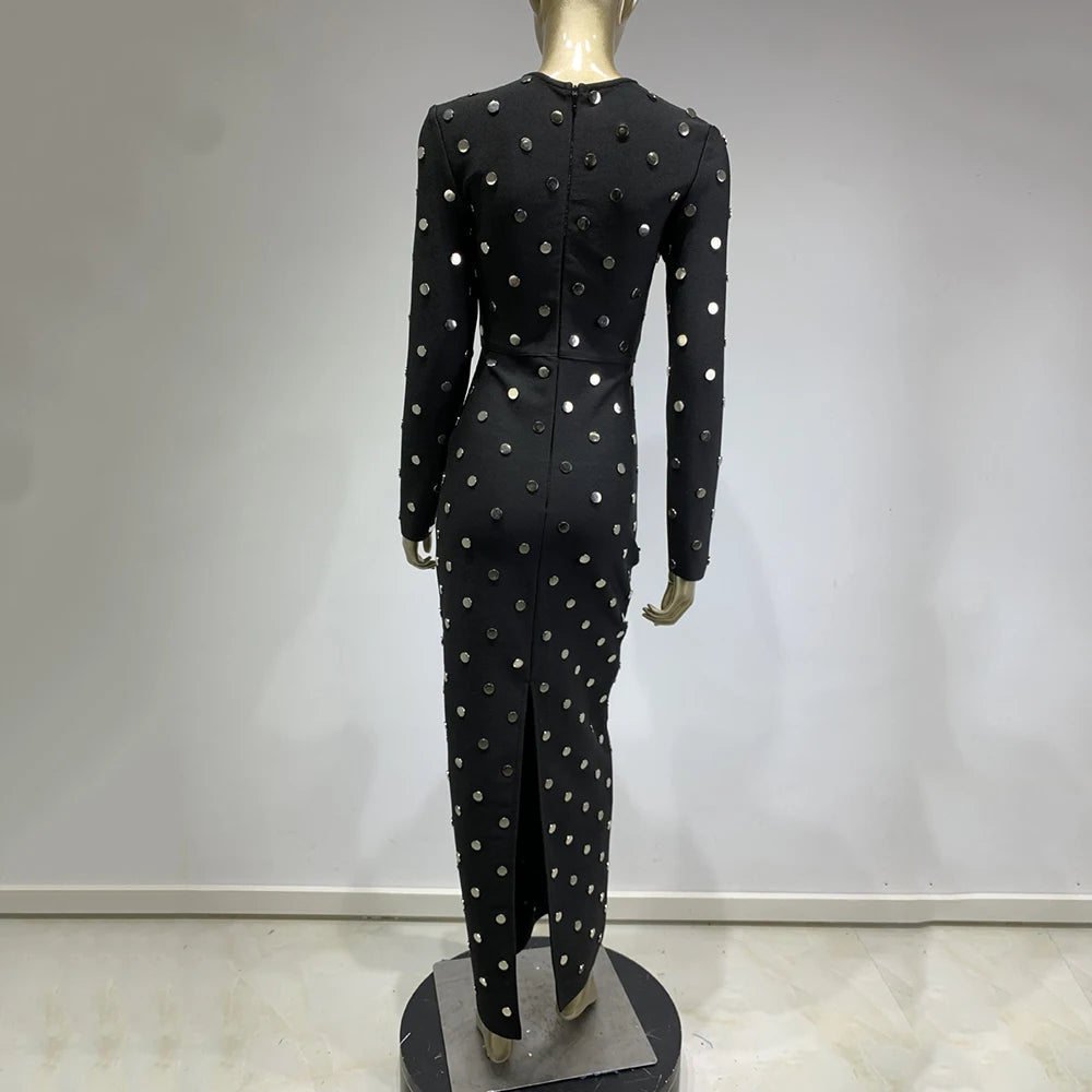 Long Sleeve Sequin Button Polka Dot Tight Maxi Bandage Dress