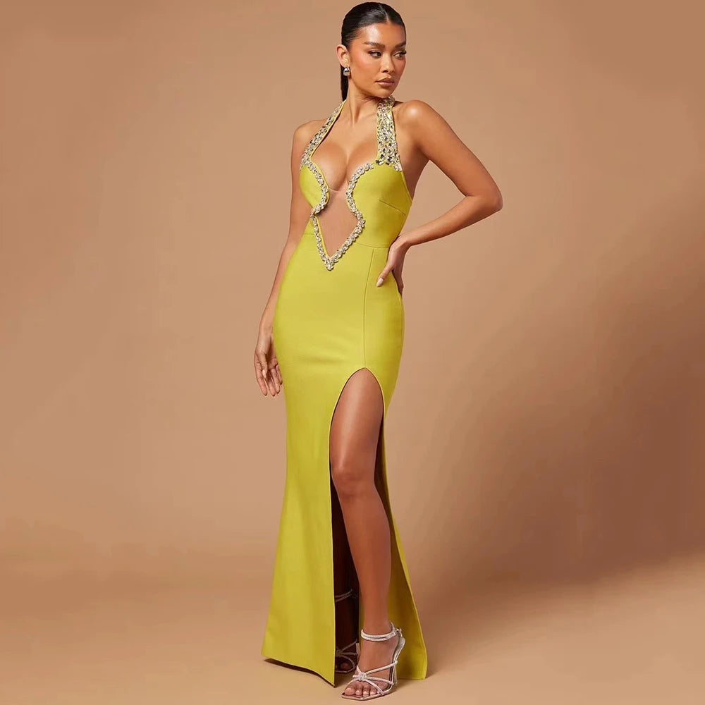 V-neck Sleeveless Backless Diamond Tight Split Maxi Bandage Dress