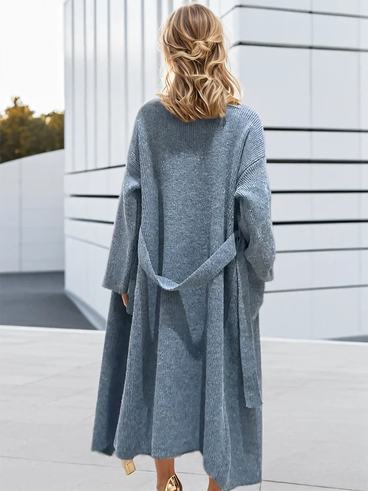 Lapel Loose Fit Long Sleeves Sashes Knitted Cardigan Maxi Coat