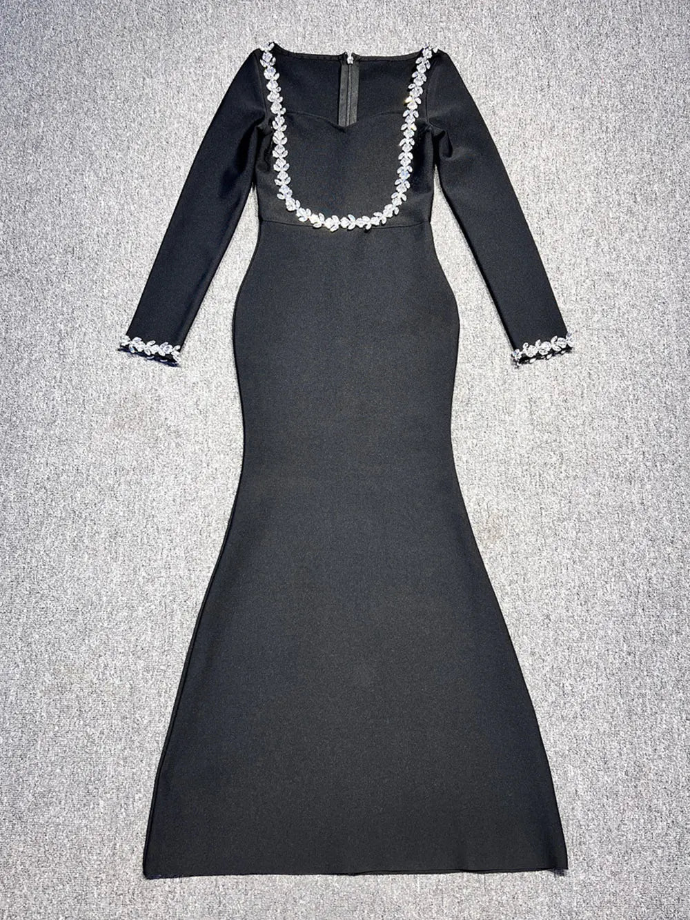 O-neck Nail Diamond Long Sleeve Mermaid Maxi Bandage Dress