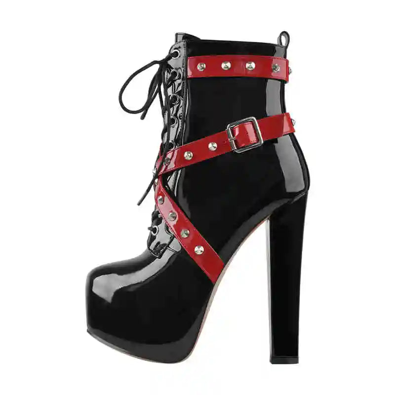 Round Toe Platform Block Chunky High Heel Lace Up Ankle Boots