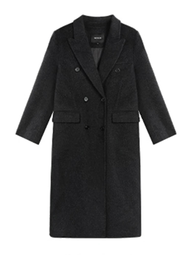 Double Breasted Long Sleeves Lined Blends Wool Loose Overcoat