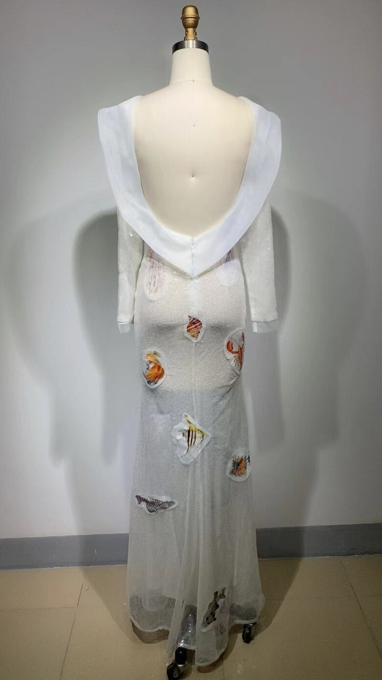 Long Sleeve Sequins Shinning Sea Star Backless Maxi Dress
