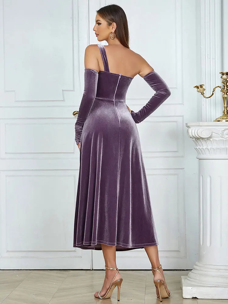 Velvet Slanted Neck One Shoulder Glove Design Draped A-Line Mid Dress