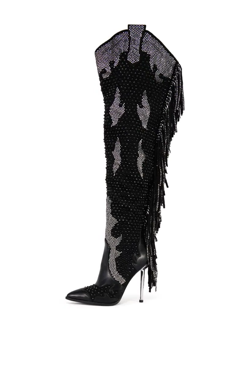 Crystal Pendant Tassel Side Zip Metal High Heels Over the Knee Boots