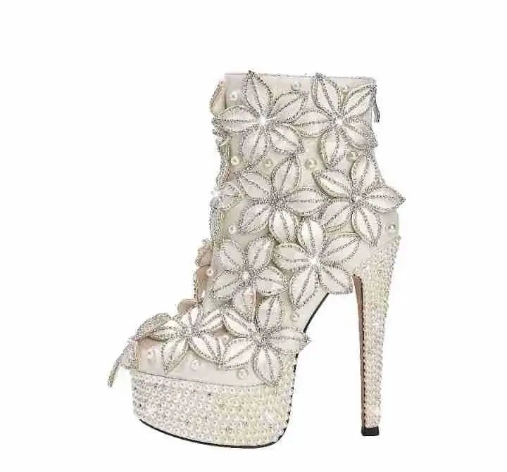 Pearl Platform Heels Pointed Toe Cut Outs Flower Decor Ankle Boots