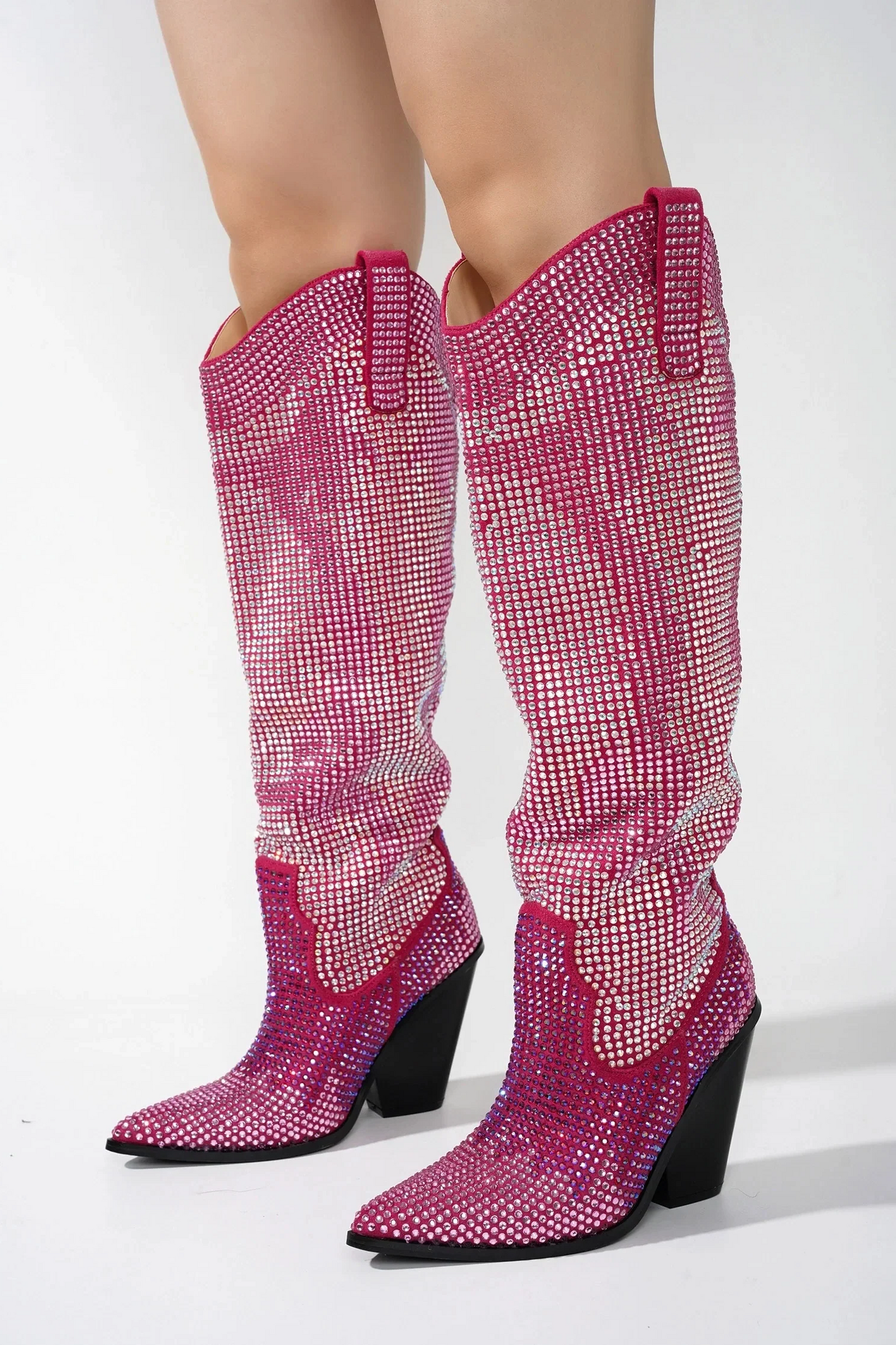 Bling Silver Crystal Stacked Rhinestone Knee High Chunky Heels Boots