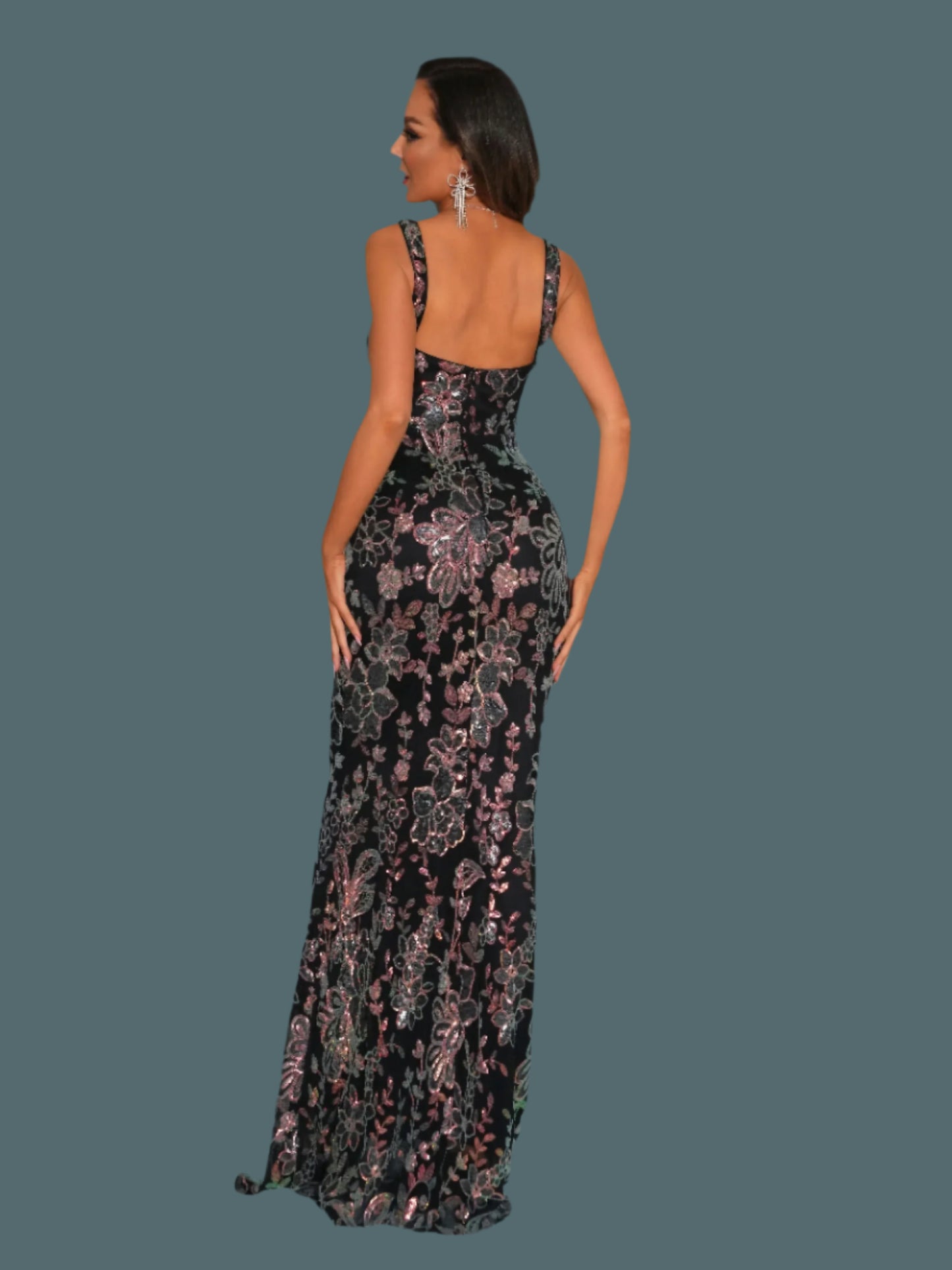 Spaghetti Floral Pattern V Neck Sequin Mermaid Evening Maxi Dress