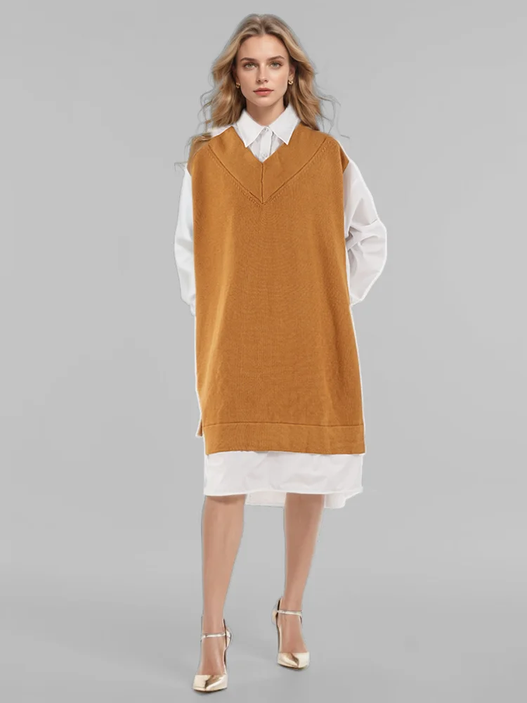 Turn-down Collar Knitted Shirt Single Breasted Loose Mid Dress