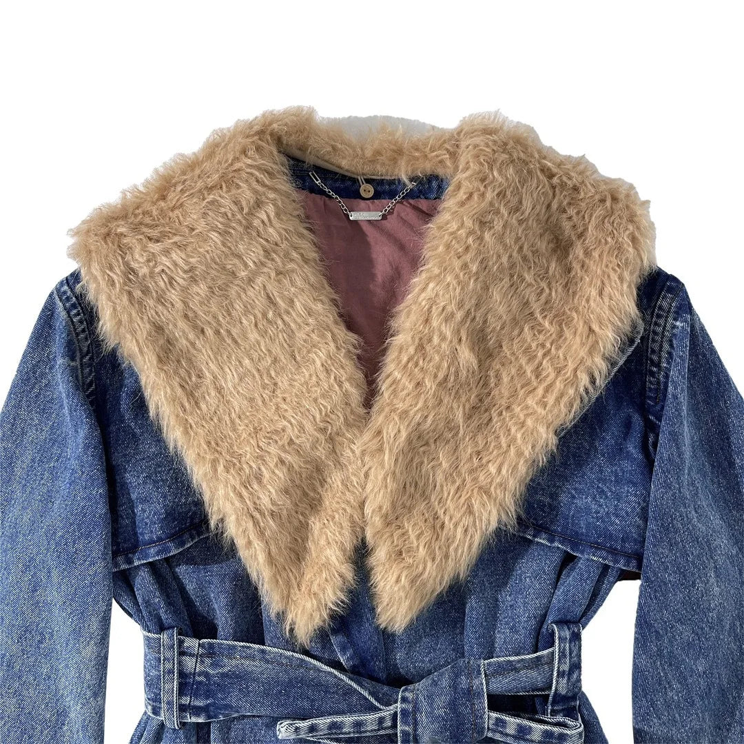 Fur Collar Belt Patchwork Pockets Loose Split Thick Warm Denim Overcoat