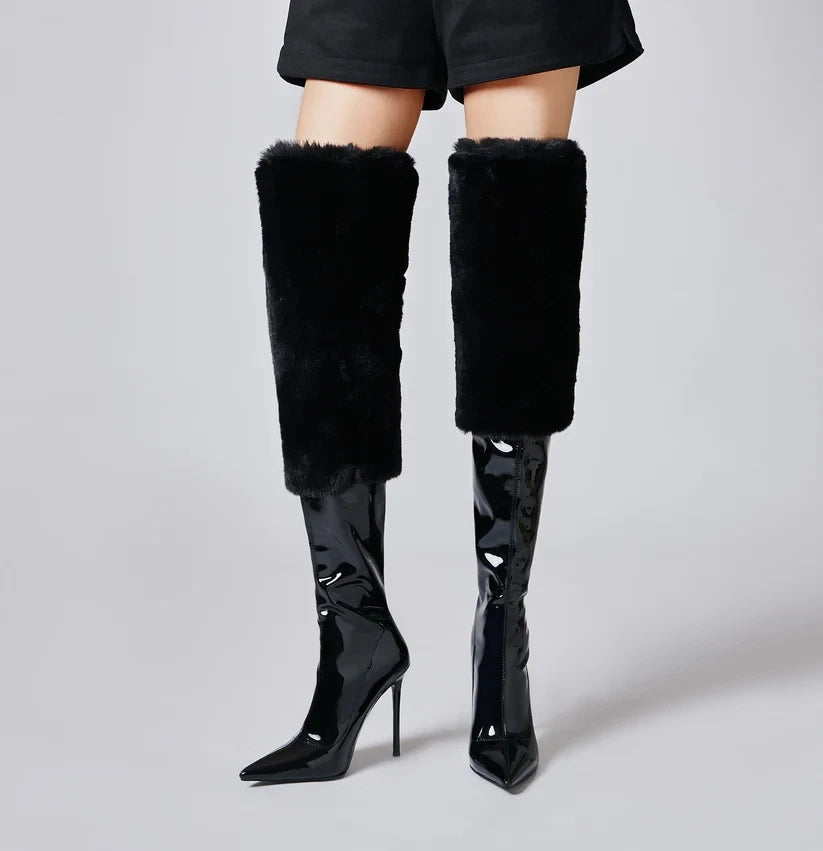 Pu Leather Pointed Toe Fur Patchwork High Heels Over The Knee Boots