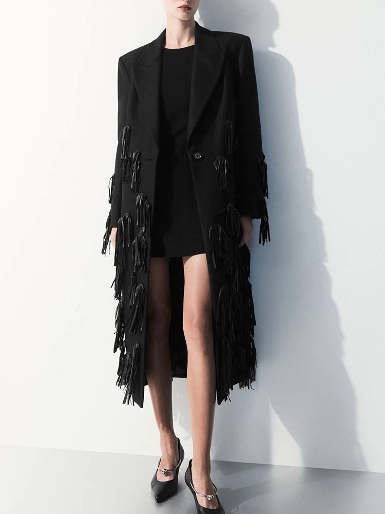 Lapel Single Breasted Long Sleeve High Waist Loose Tassel Coat