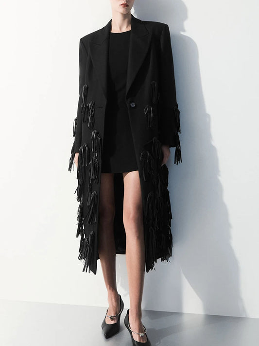 Lapel Single Breasted Long Sleeve High Waist Loose Tassel Coat