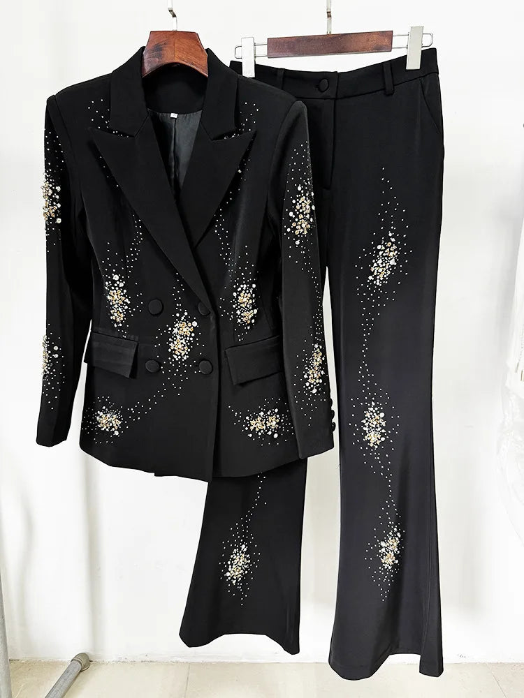 Beading Diamonds Notched Long Sleeve Blazer Flare Trouser Set