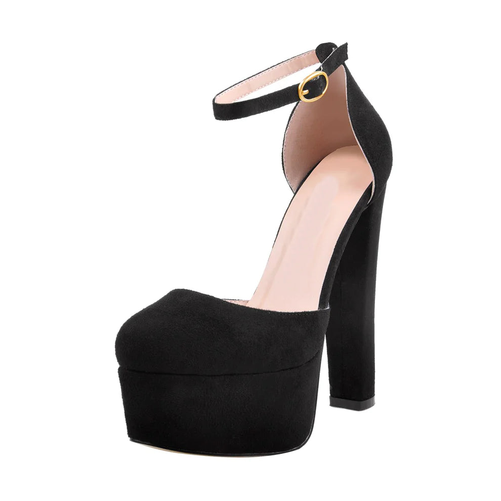 Platform Strap Round Toe Buckle Chunky High Heel Ankle Shoes