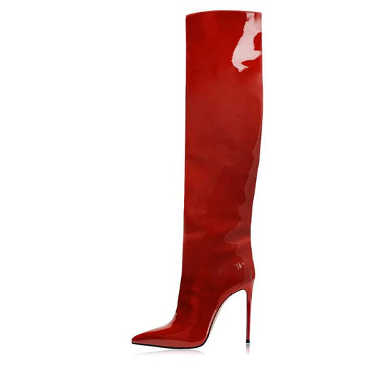 Patent Leather Pointed Toe Leather Knee High Heel Boots