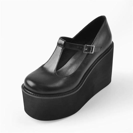 Hollow Round Toe Buckle Strap High Platform Wedges Shoes