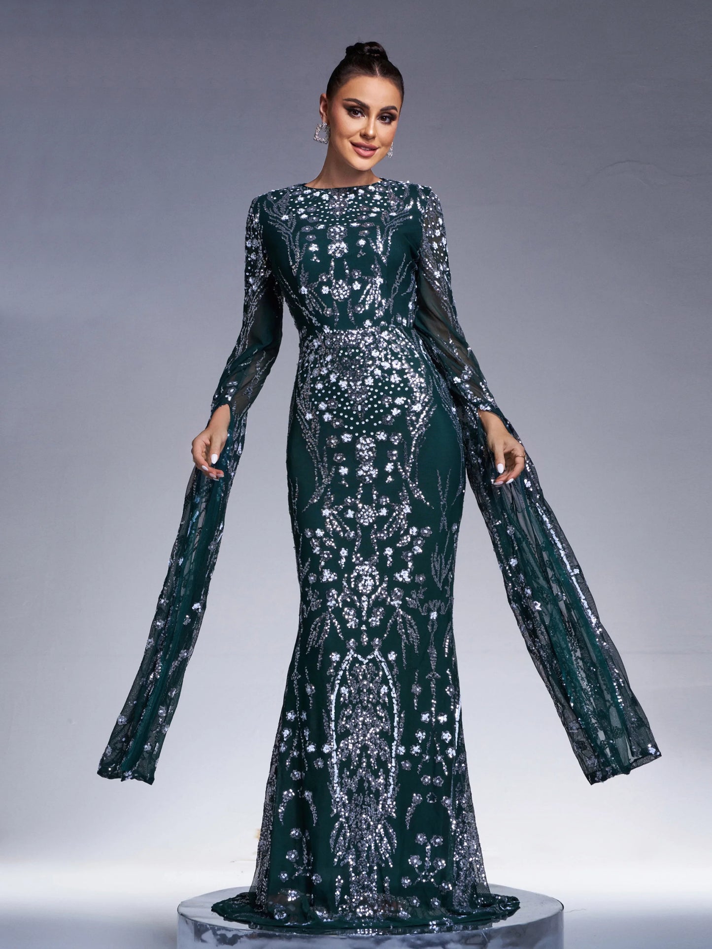 O Neck Sequin Extend Sleeves Formal Mermaid Maxi Dress