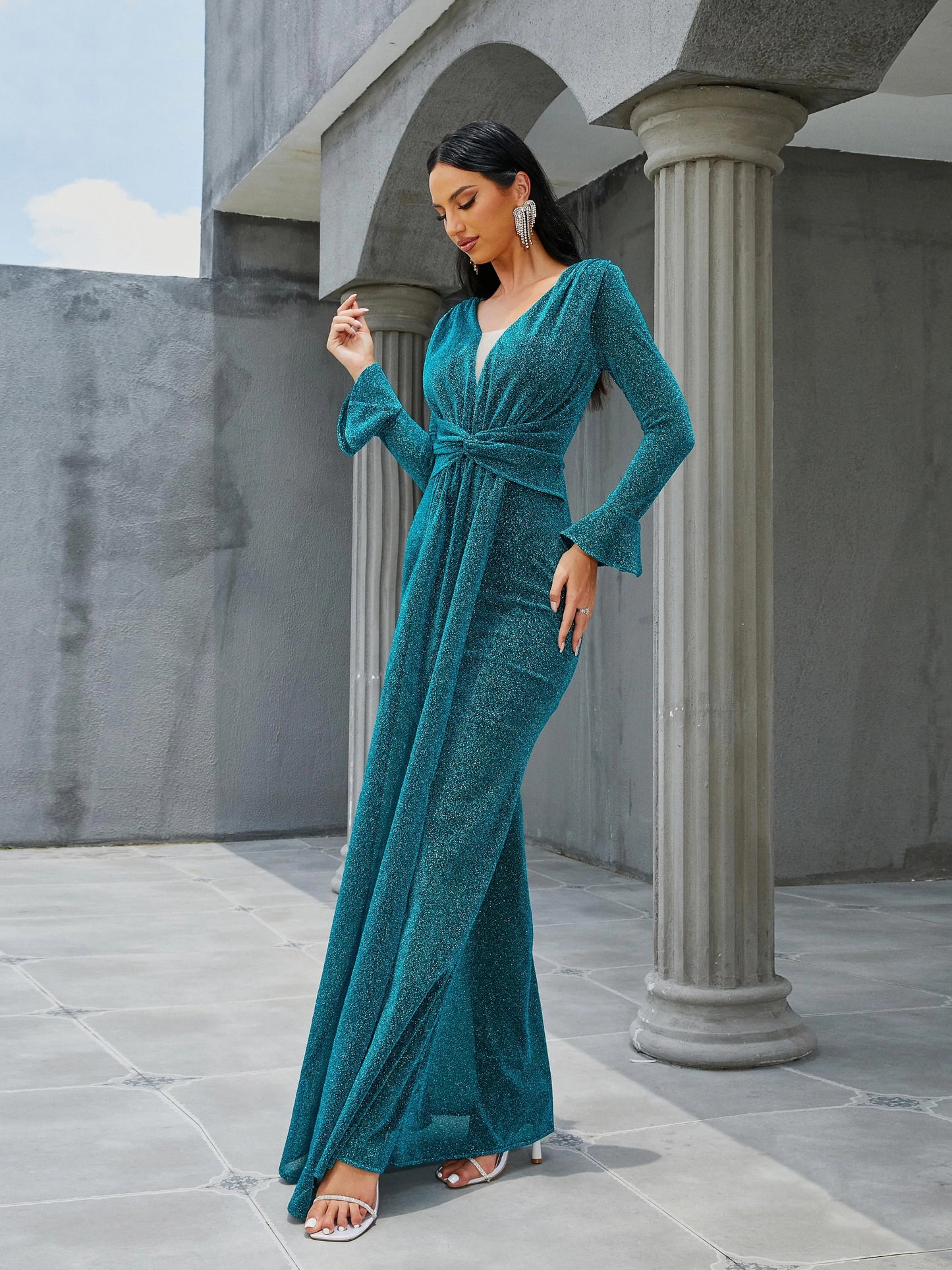 Deep V Neck Long Sleeve Mermaid Formal Prom Maxi Dress