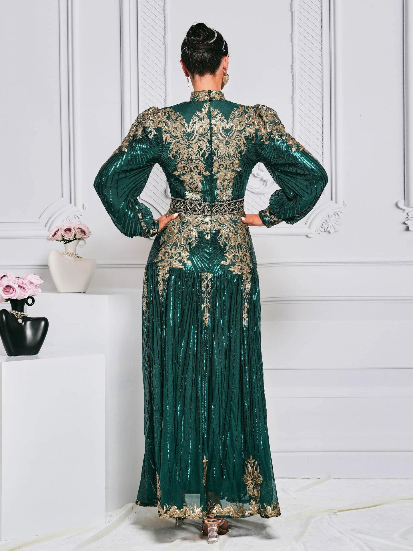 O-Neck Embroidery Super Long Sleeve High-End Robe Maxi Dress