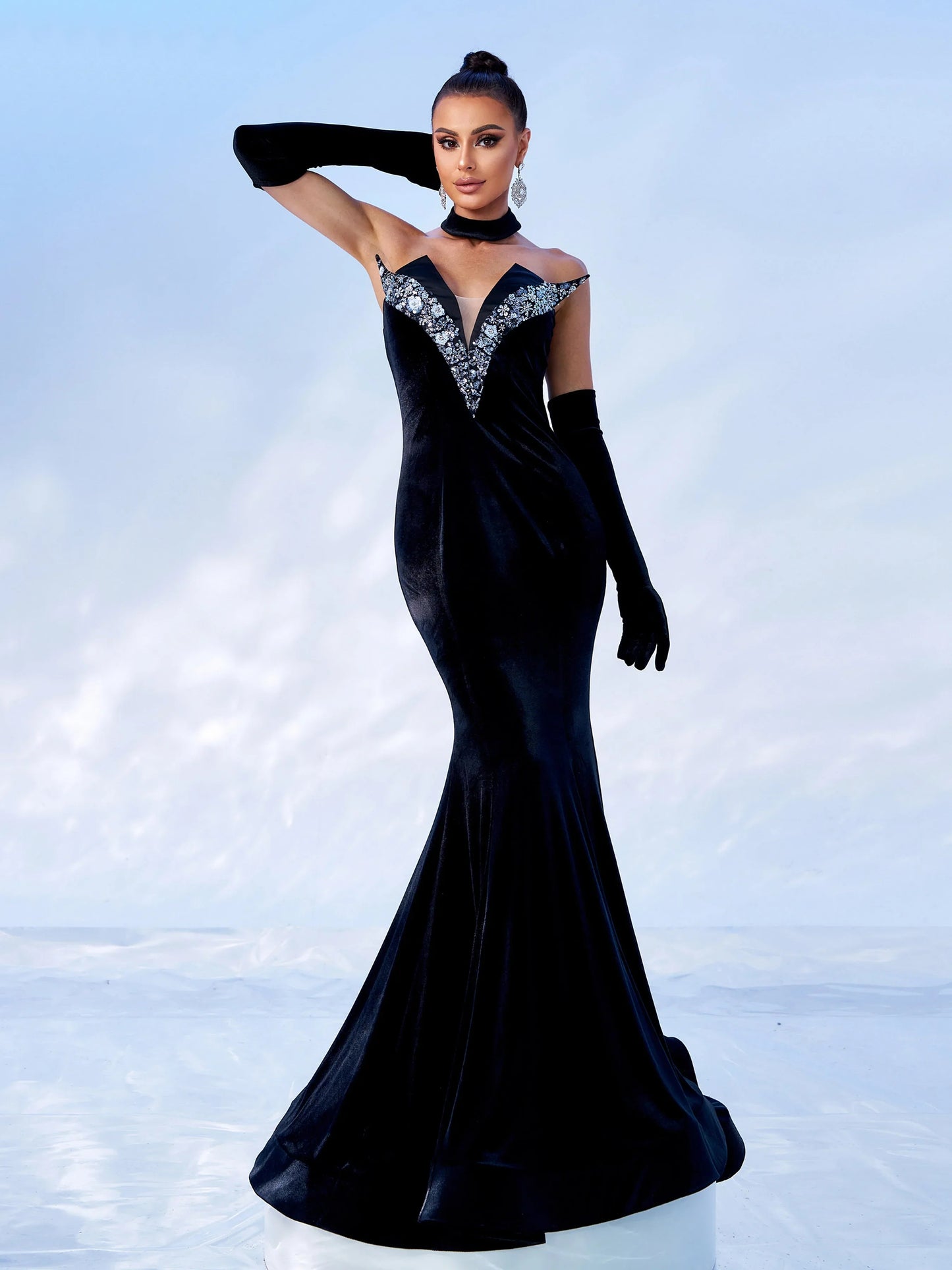 Diamond Strapless With Glove Velvet Formal Mermaid Maxi Dress