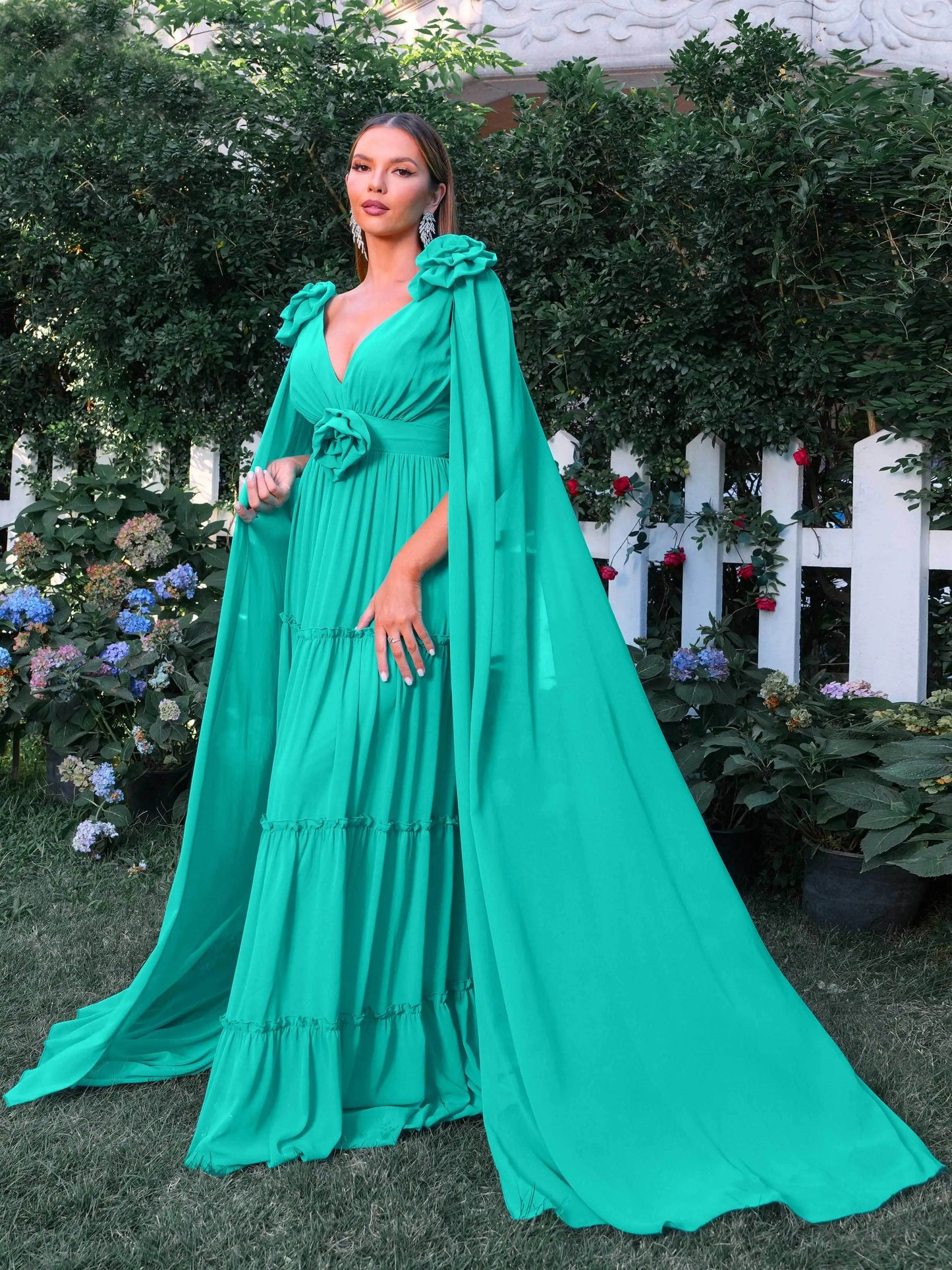 V-neck A Line Extended Sleeve Prom Maxi Dress