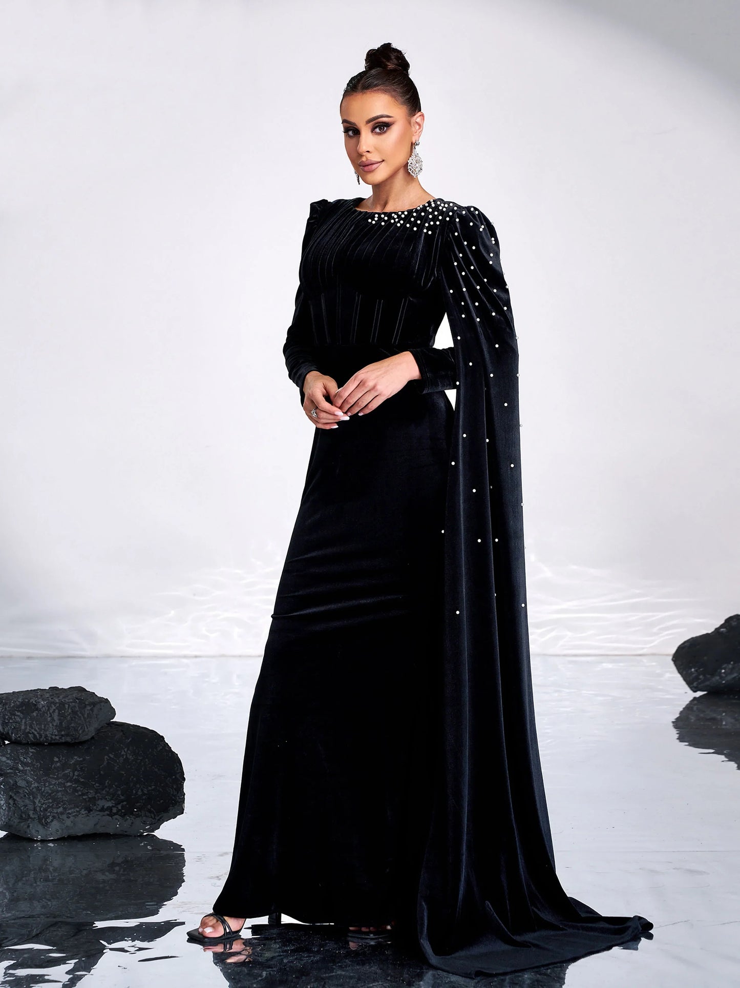 Draped O Neck Long Sleeve Velvet Formal Mermaid Maxi Dress