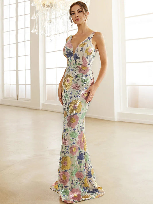 Floral Sequins Contrast Mesh Mermaid Sleeveless Prom Maxi Dress