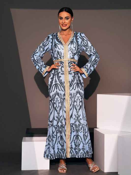 V-Neck Kaftan Robe Gown Geometric Pattern Maxi Dress