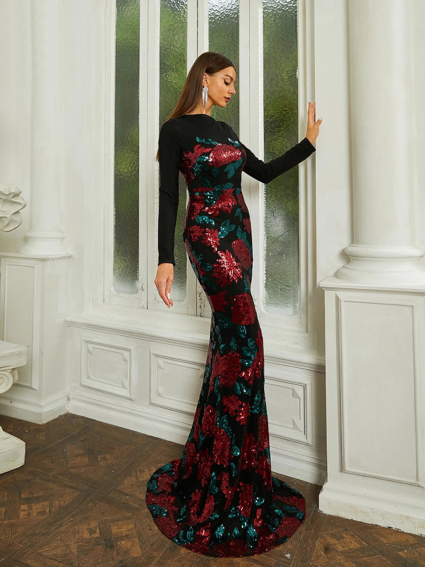 O Neck  Floral  Pattern Long Sleeve Sequin Mermaid Maxi Dress