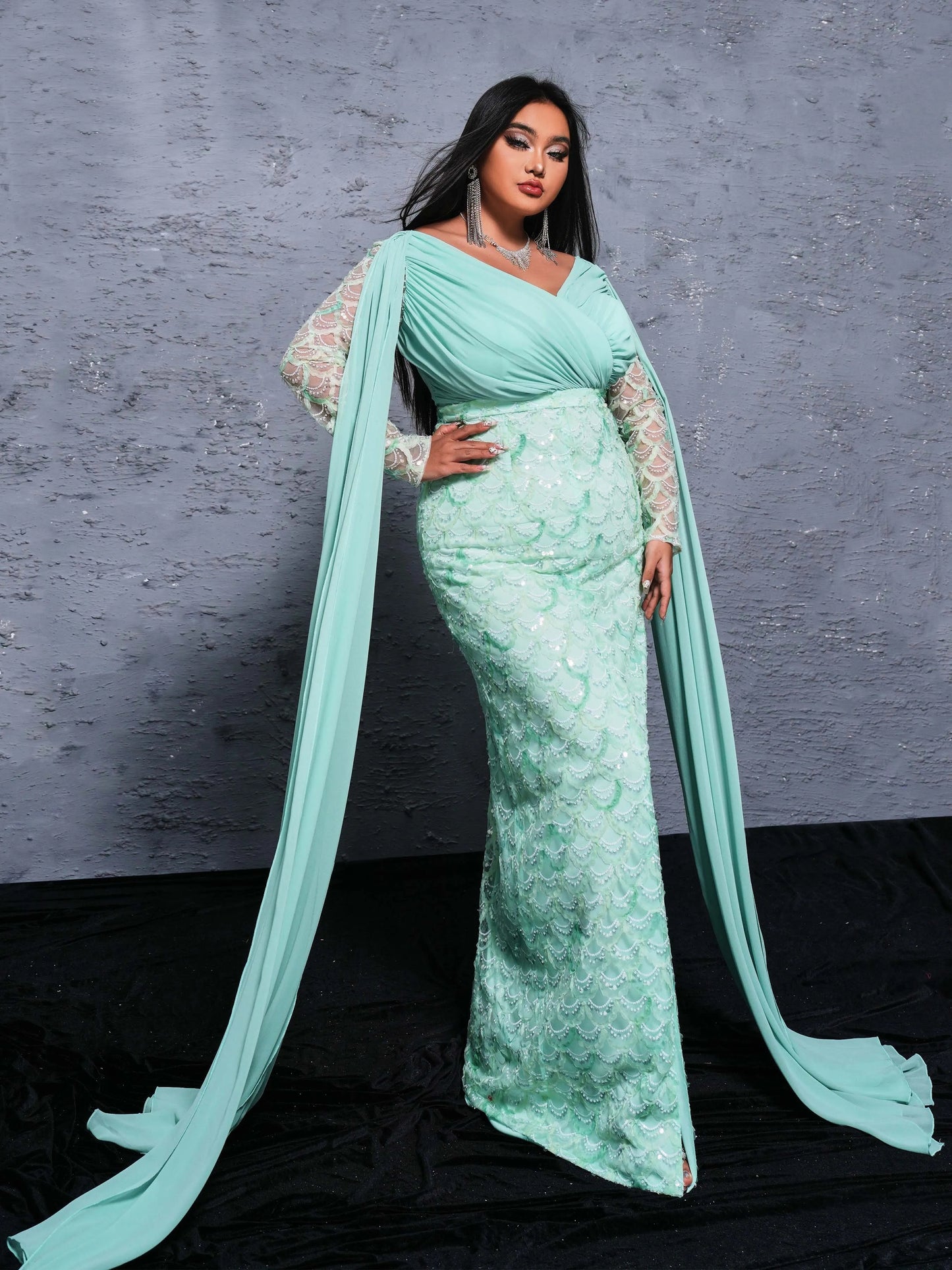 Sequin Flowing Sleeve V Neck Panel Mermaid Maxi Dress