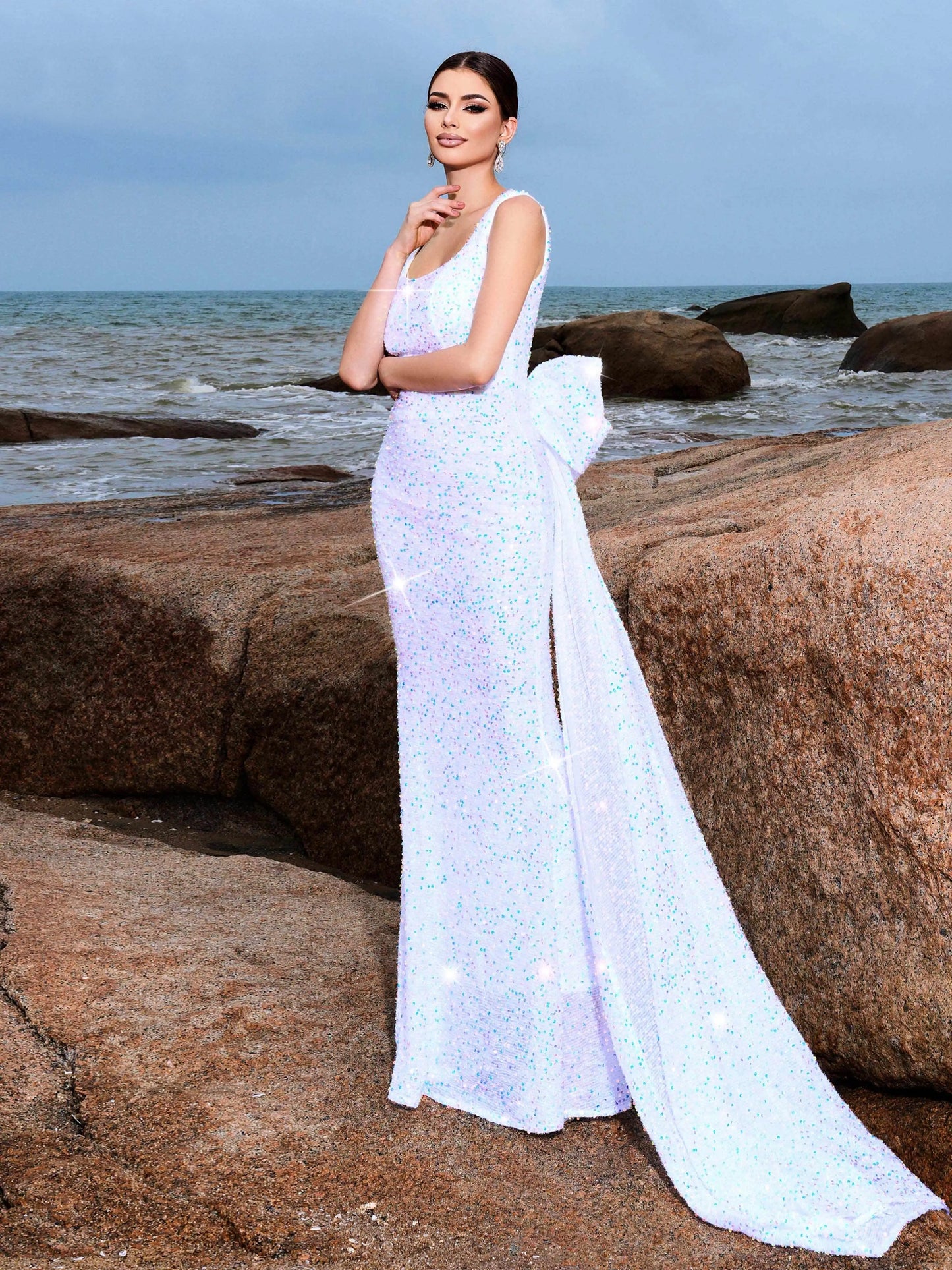 Slash Neck Sequin Bow Draped Mermaid Maxi Dress