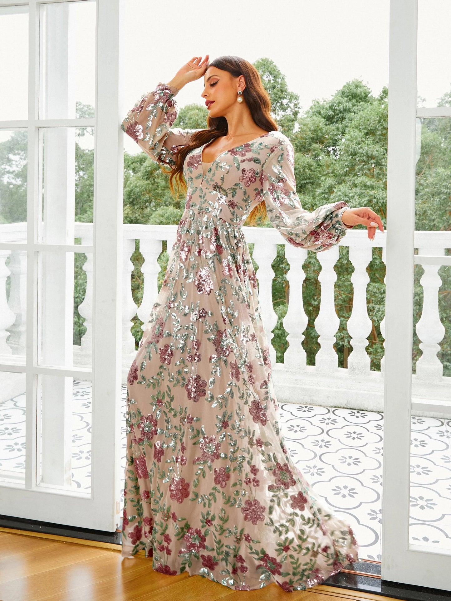 Long Sleeve V Neck A Line Floral Print Prom Maxi Dress