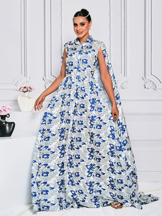 Floral Pattern With Cape Long Sleeve Prom Maxi Dress