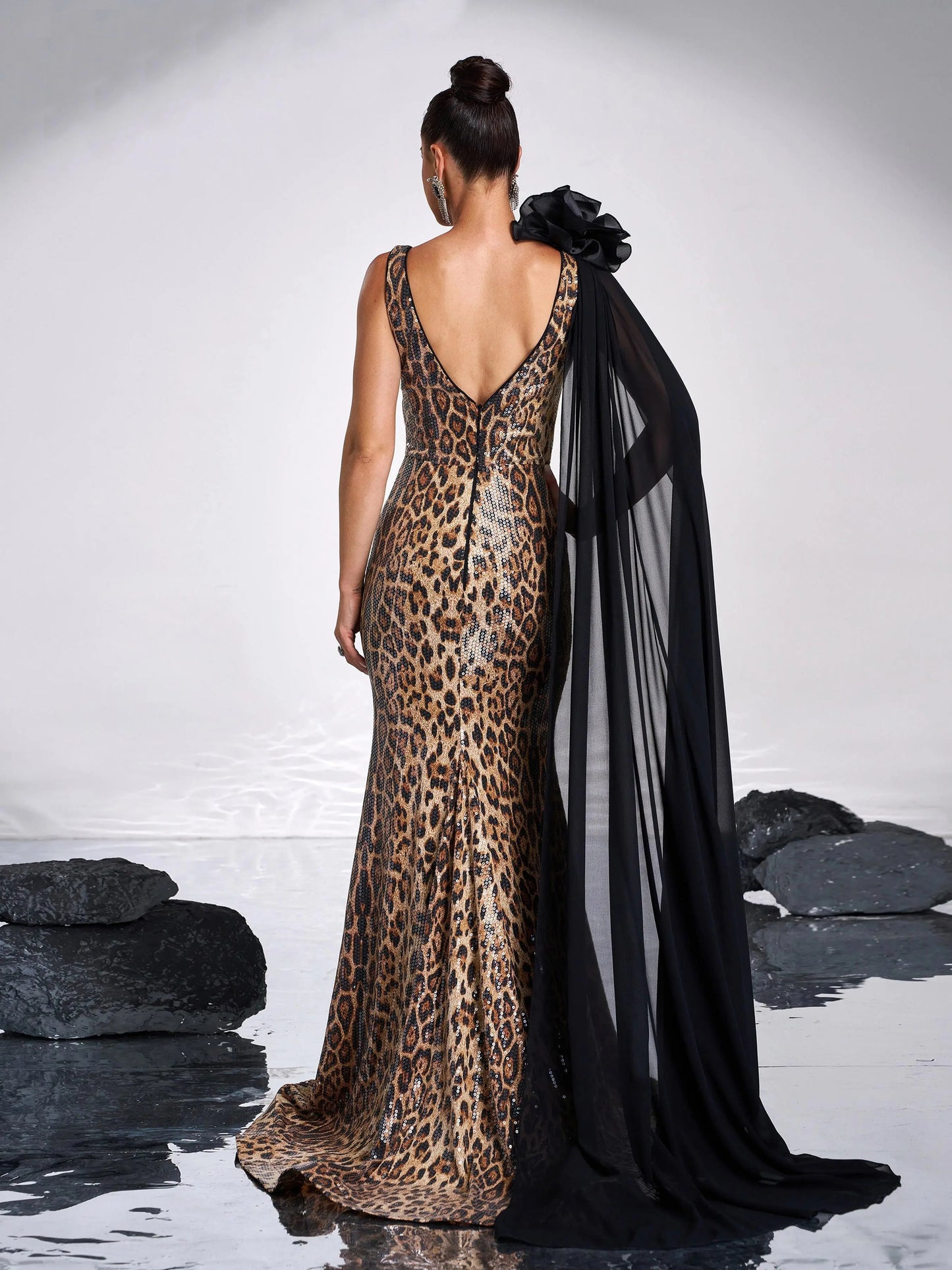 V Neck Leopard Print Sequin Mermaid Evening Gown Maxi Dress