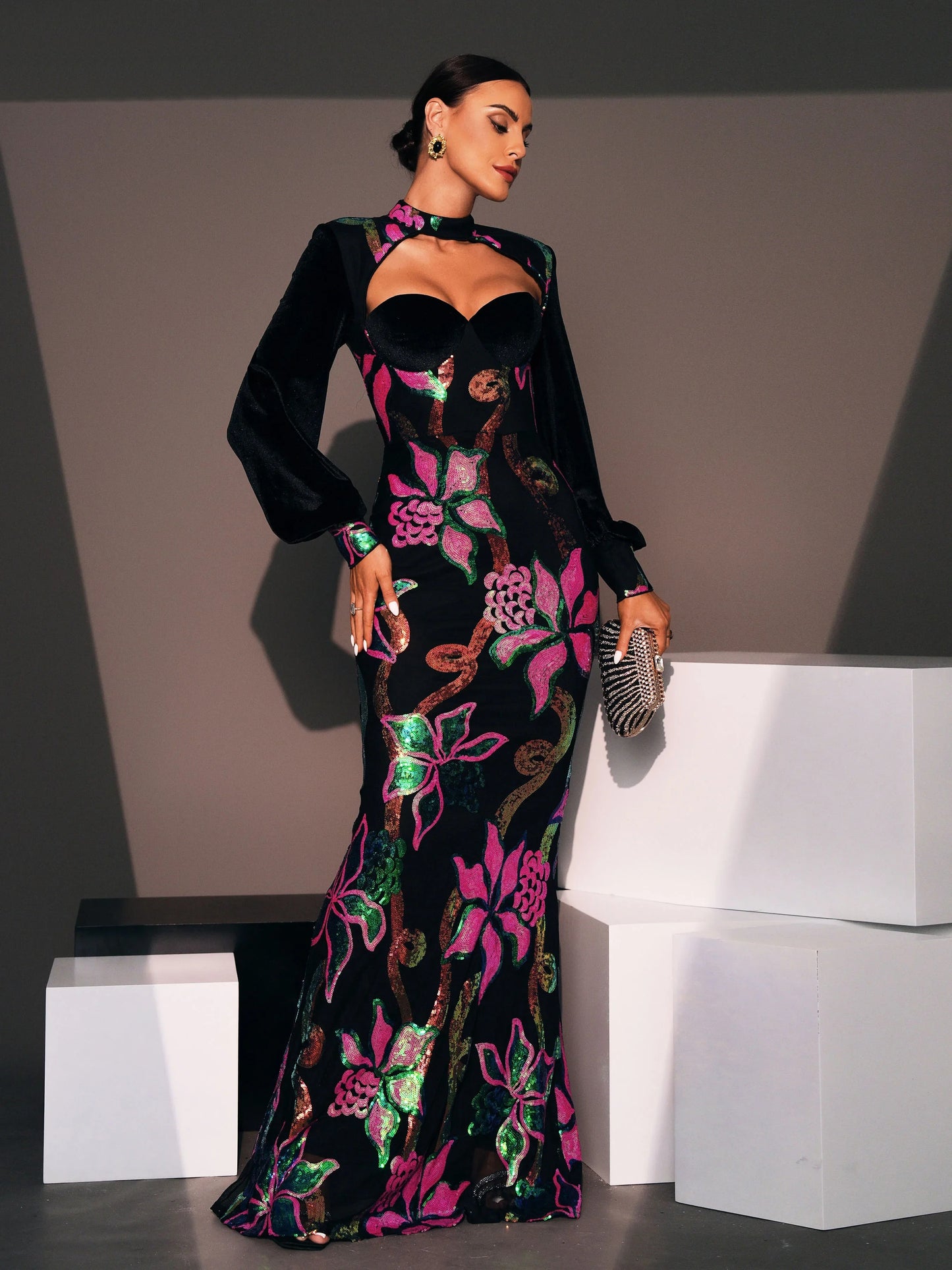 O Neck Long Sleeve Sequin Mermaid Floral Patterned Formal Maxi Dress