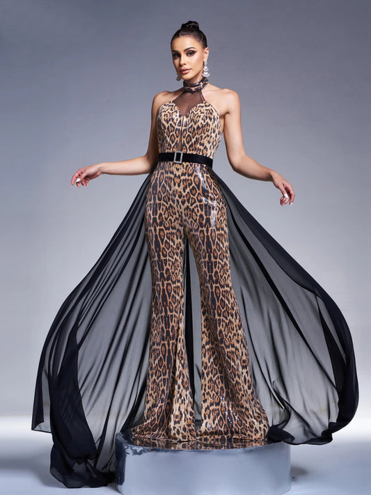 Sequin Halter Neck Backless Chic Formal Leopard Print Mesh Maxi jumpsuit