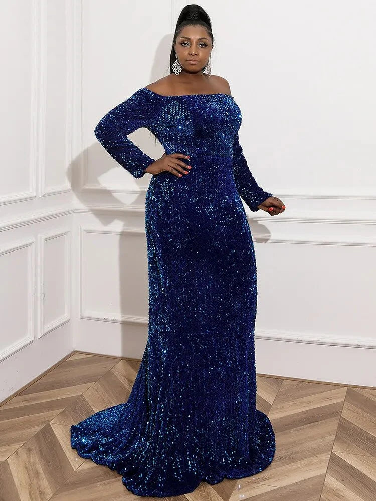 Off Shoulder Sequin Long Sleeves Backless Mermaid Maxi Dress