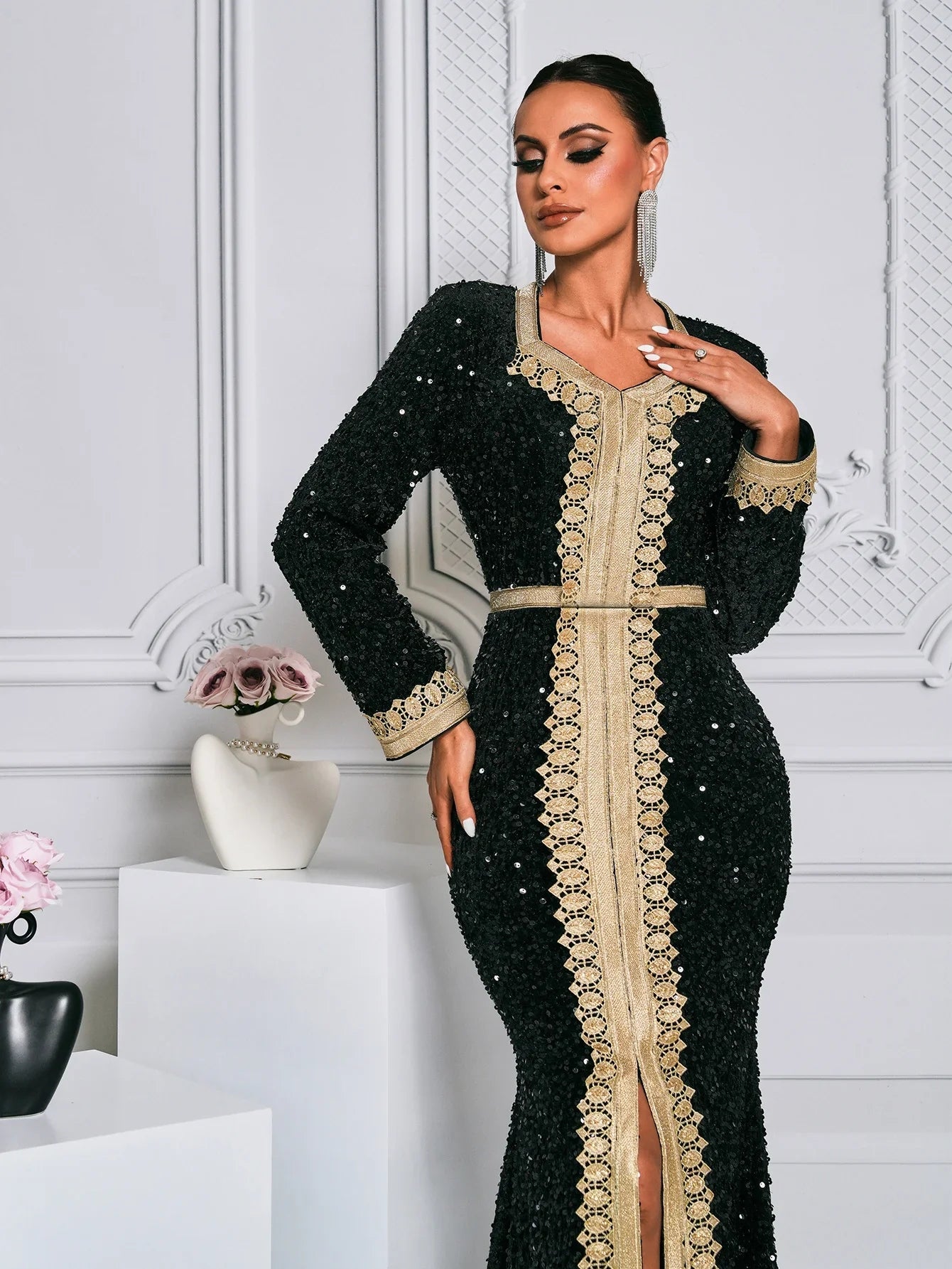 O-Neck Long Sleeve Sequin Evening Prom Maxi Dress