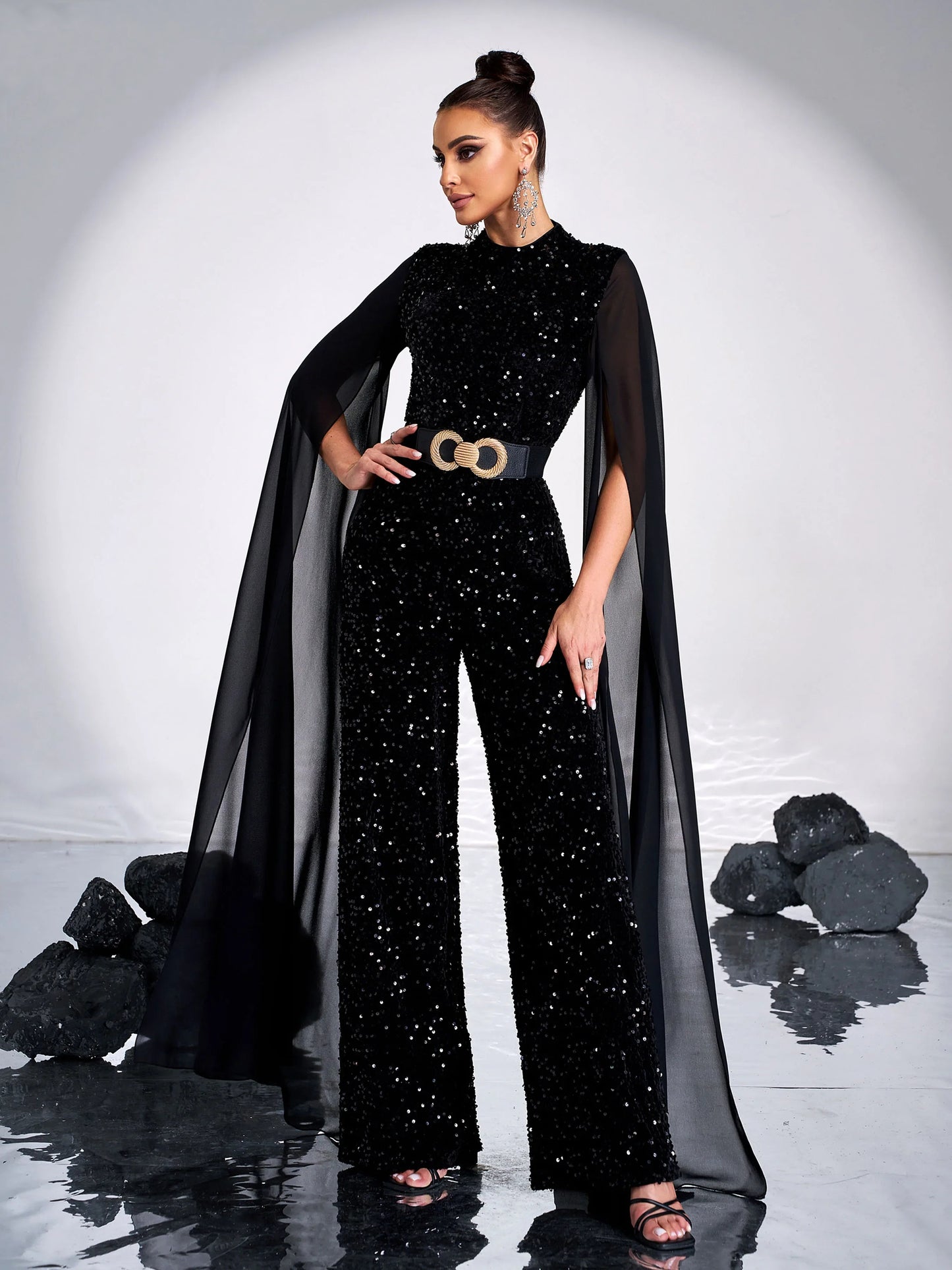 O Standard Neck Ultra Long Mash Sleeves Sequin Chic Formal Maxi Jumpsuit