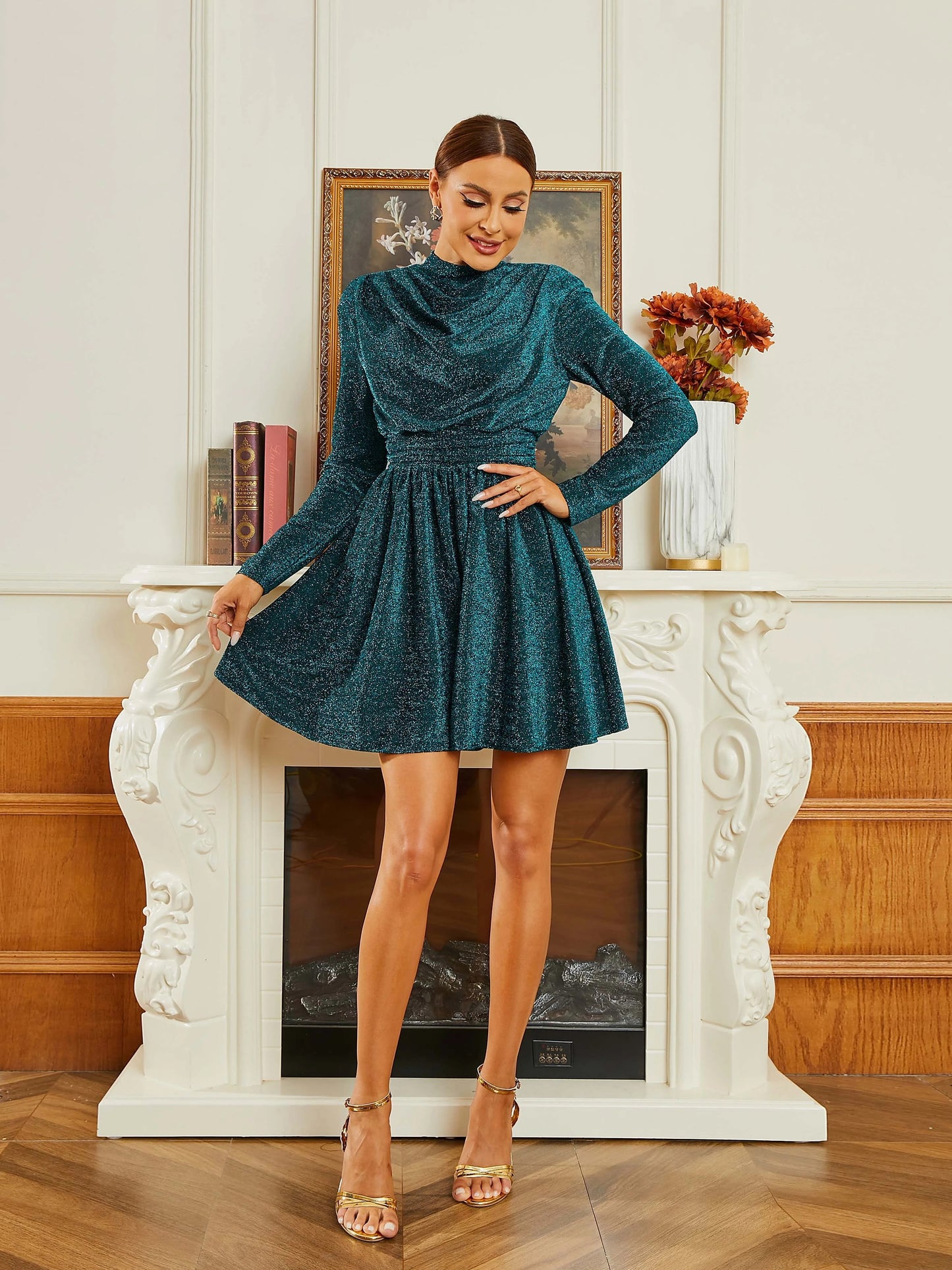 A-LineHigh O Neck Long Sleeve Prom Mini Dress