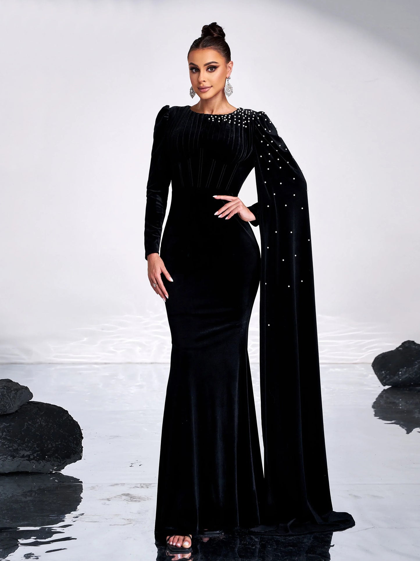 Draped O Neck Long Sleeve Velvet Formal Mermaid Maxi Dress