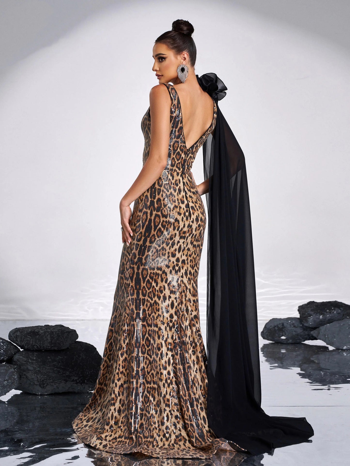 V Neck Leopard Print Sequin Mermaid Evening Gown Maxi Dress