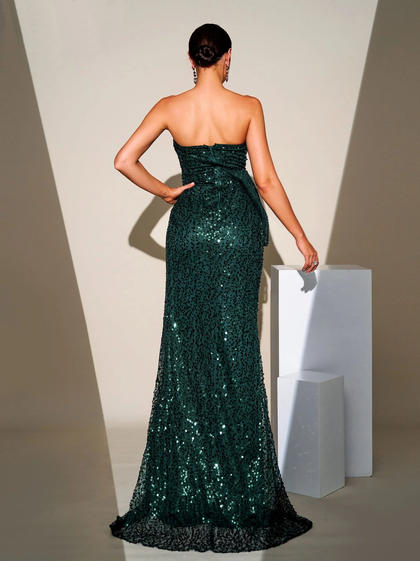 Sequin One Shoulder Short Sleeve Thigh Split Backless Prom Gown Maxi Dress