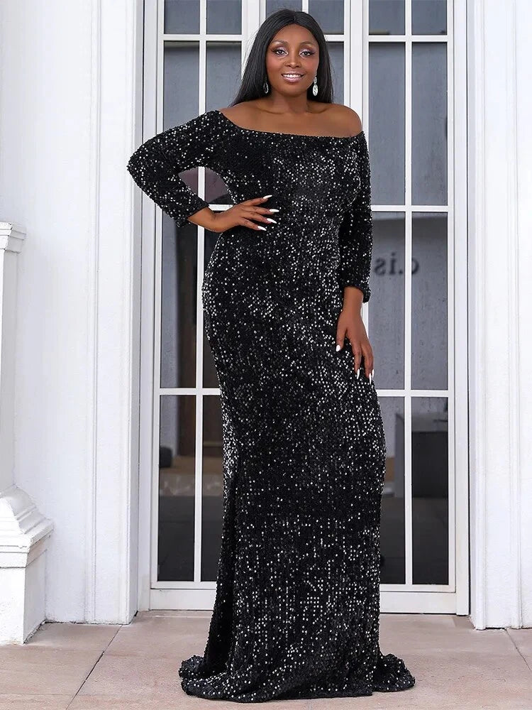 Off Shoulder Sequin Long Sleeves Backless Mermaid Maxi Dress