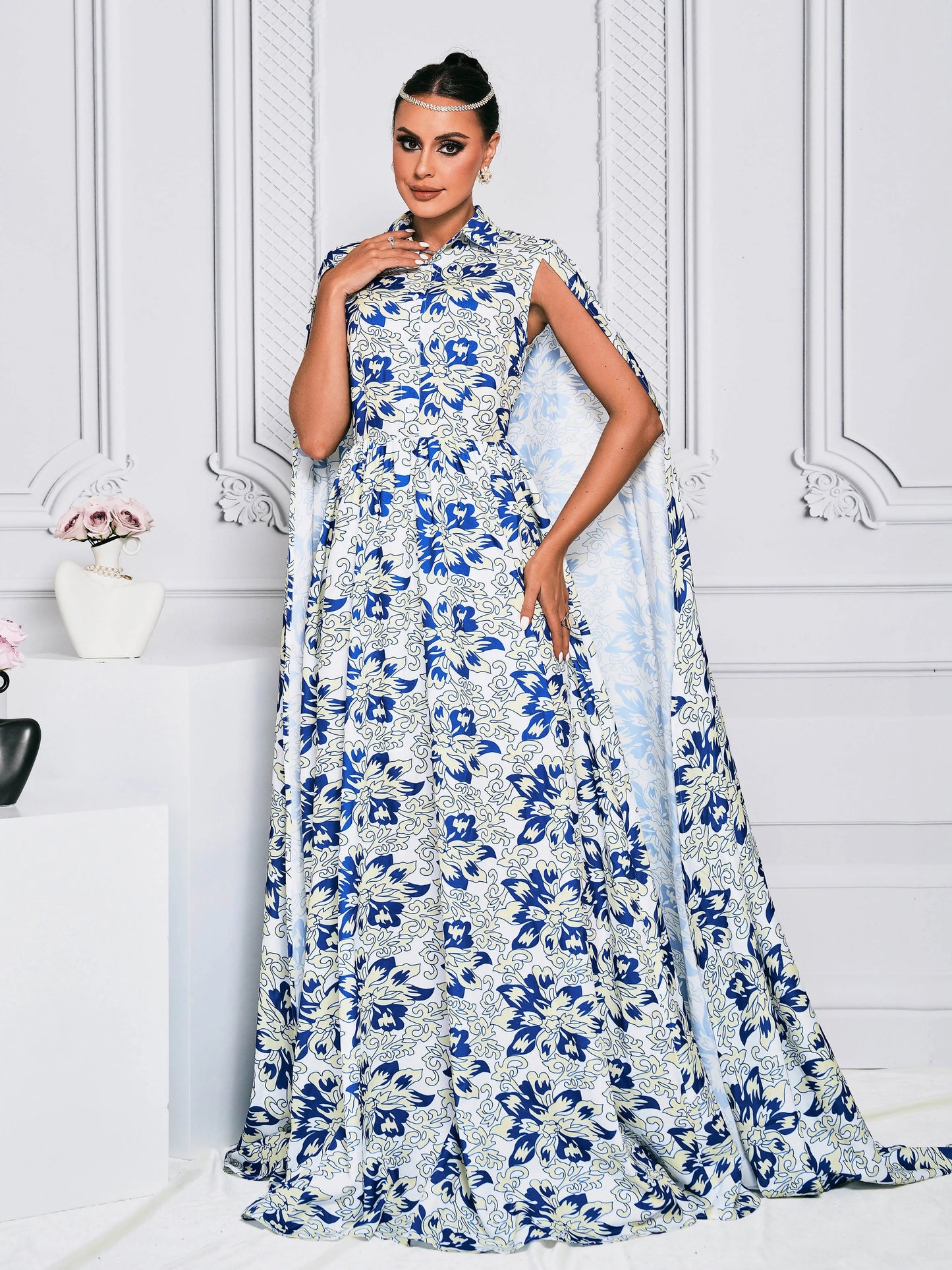 Floral Pattern With Cape Long Sleeve Prom Maxi Dress